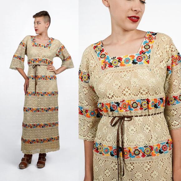 Vintage 1970s Lace Mexican Maxi Dress Rainbow Embroidered Floral TieredS/M